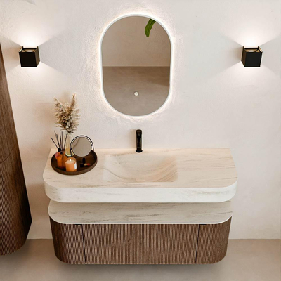 MONDIAZ THOR-DLUX 130cm meuble de salle de bains arrondi gauche + droite couleur Walnut avec 1 tiroir et 2 portes. Vasque suspendue CLOUD Milieu 1 trou de robinet couleur Meli.