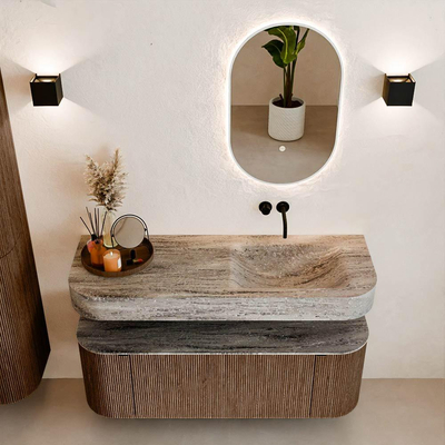 MONDIAZ THOR-DLUX 130cm badmeubel ronding links + rechts kleur Walnut met 1 lade en 2 deuren. Vrijhangende wastafel CLOUD Rechts zonder kraangat kleur Oza.