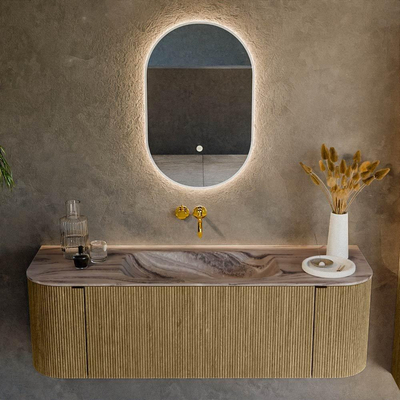 MONDIAZ KURVE-DLUX Meuble de salle de bains 140cm arrondi gauche + droite couleur Dusk avec 1 tiroir et 2 portes. Plan-vasque BIG SMALL Milieu sans trou de robinet Sombra.