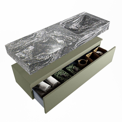Mondiaz ALAN-DLUX Ensemble de meuble - 130cm - meuble Army mat - 1 tiroir - Lavabo Cloud Lava suspendu - vasque Droite - 1 trou de robinet
