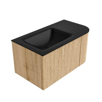 MONDIAZ KURVE 85cm Meuble salle de bain avec module 25 D - couleur Oak - 1 tiroir - 1 porte - vasque CLOUD gauche - 1 trou de robinet - Urban