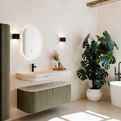 MONDIAZ THOR-DLUX 120cm meuble de salle de bains arrondi gauche + droite couleur Shadow avec 1 tiroir et 2 portes. Vasque suspendue CLOUD Gauche 1 trou de robinet couleur Nata.