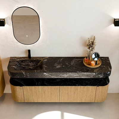 MONDIAZ THOR-DLUX 180cm meuble de salle de bains arrondi gauche + droite couleur Oak avec 2 tiroirs et 2 portes. Vasque suspendue CLOUD Gauche 1 trou de robinet couleur Lava.