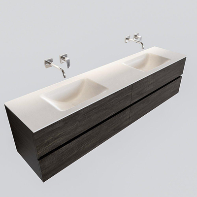 MONDIAZ VICA Ensemble de meuble salle de bain - 200cm - 4 tiroirs - lavabo Cloud double - 0 trous de robinet - solid surface marron foncé