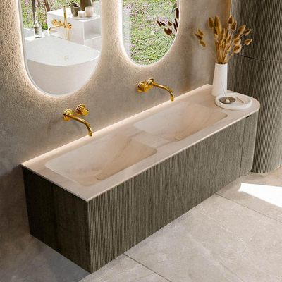 MONDIAZ KURVE-DLUX Meuble de salle de bains 145cm arrondi à droite couleur Shadow avec 1 tiroir et 1 porte. Lavabo LEAF Double / Gauche sans trou de robinet Meli.