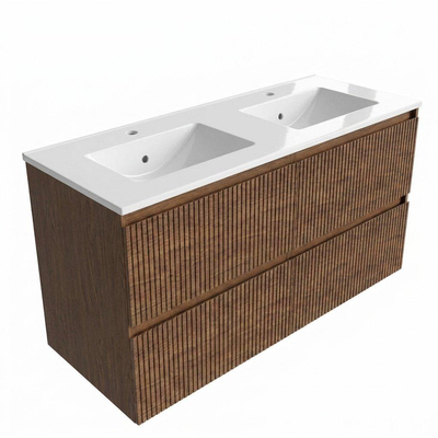 Saniclass Holz Atelier Ensemble de meubles de salle de bains - 120x45x62cm - lavabo Vygo en céramique blanc - 2 vasques - 2 trous de robinetterie - 2 tiroirs - mat walnut pure (bois)