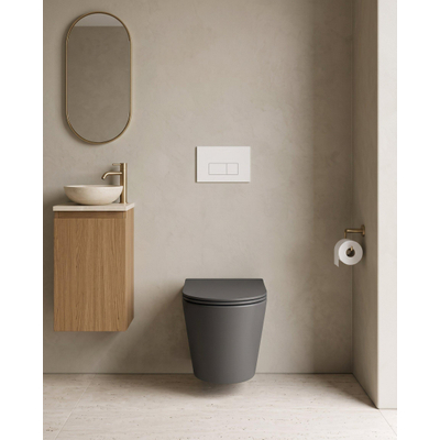 QeramiQ Dely Pack WC - 36.3x51.7cm - à fond creux - sans bride - réservoir WC attenant Geberit UP320 - abattant WC à fermeture douce - plaque de déclenchement brillante blanche - boutons rectangulaires - noir mat