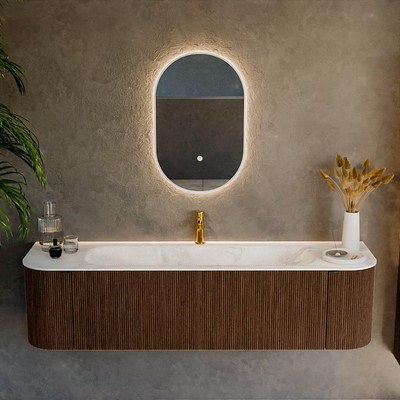 MONDIAZ KURVE-DLUX 170cm badmeubel met module 25 Len R kleur Walnut met 1 lade en 2 deuren. Wastafel BIG LARGE midden 1 kraangat kleur Ostra.