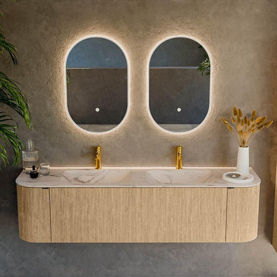 MONDIAZ KURVE-DLUX 170cm badmeubel ronding Links + Rechts kleur Oak met 1 lade en 2 deuren. Wastafel LEAF Dubbel 2 kraangaten Nata.