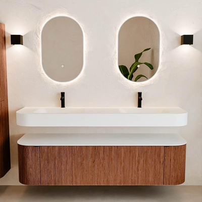 MONDIAZ THOR Meuble de salle de bains 170cm arrondi gauche + droite couleur Ruby avec 1 tiroir et 2 portes. Vasque suspendue CLOUD Double 2 trous de robinet couleur Talc.