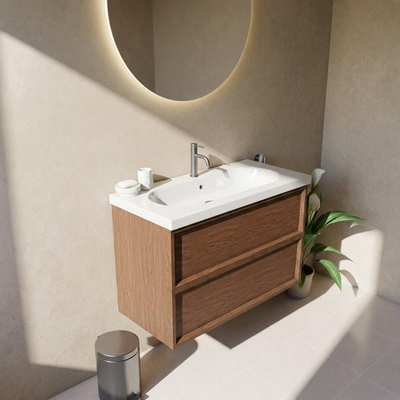Saniclass Holz Frame Ensemble meuble de salle de bains - 100x45x63.5cm - lavabo en céramique Palermo blanc - 1 vasque - 1 trou de robinetterie - 2 tiroirs - mat walnut pure (bois)