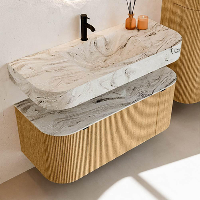 MONDIAZ THOR-DLUX 110cm badmeubel ronding links + rechts kleur Oak met 1 lade en 2 deuren. Vrijhangende wastafel CLOUD Midden 1 kraangat kleur Glace.