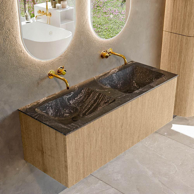 MONDIAZ KURVE-DLUX 120cm badmeubel kleur Oak met 1 lade. Wastafel LEAF dubbel zonder kraangat kleur Lava.