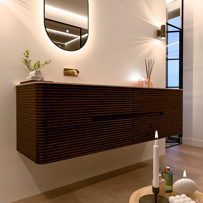 Mondiaz CIRO-DLUX Meuble de salle de bains - 170x45x50cm - Plan vasque Solid surface Saba - 1 lavabo à gauche - sans trous de robinetterie - 4 tiroirs - Noyer
