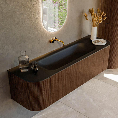MONDIAZ KURVE 160cm badmeubel met module 25 Len R kleur Walnut met 1 lade en 2 deuren. Wastafel BIG MEDIUM midden zonder kraangat Urban.