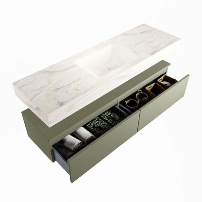 Mondiaz ALAN-DLUX Ensemble de meuble - 150cm - meuble Army mat - 2 tiroirs - Lavabo Cloud Ostra suspendu - vasque Centre - 1 trou de robinet