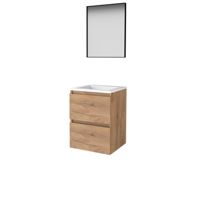 Basic-Line ensemble de meubles de salle de bain 50x46cm sans poignée 2 tiroirs vasque acrylique 0 trous de robinetterie miroir cadre aluminium noir mat sur tout le pourtour mfc whisky oak