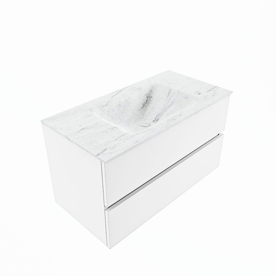 MONDIAZ VICA-DLUX Ensemble meuble de salle de bains - 90cm - meuble sous-vasque talc - 2 tiroirs - lavabo encastré cloud central - sans trous de robinet - version haute 60cm - opalo