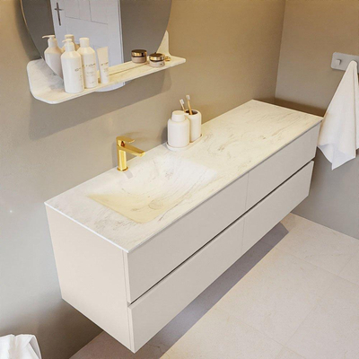 Mondiaz VICA-DLUX ensemble de meuble de salle de bain - 150cm - meuble sous-vasque lin - 4 tiroirs - lavabo encastré nuage gauche - 1 trou de robinet - version haute de 60cm - opalo