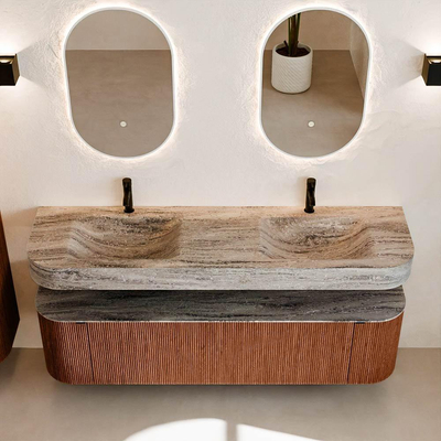 MONDIAZ THOR-DLUX 170cm meuble de salle de bains arrondi gauche + droite couleur Ruby avec 1 tiroir et 2 portes. Vasque suspendue CLOUD Double 2 trous de robinet couleur Oza.