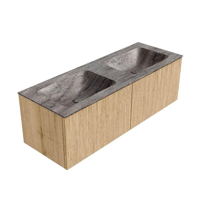 MONDIAZ KURVE-DLUX Meuble de salle de bains 130cm couleur Oak avec 2 tiroirs et 0 portes. Lavabo LEAF Double sans trou de robinet Oza.