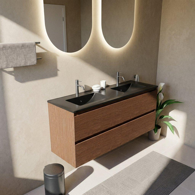 Saniclass Holz Pure Ensemble de meubles de salle de bains - 140x45x62cm - Vasque en céramique Vygo noire - 2 vasques - 2 trous de robinetterie - 4 tiroirs - walnut pure mat (bois)
