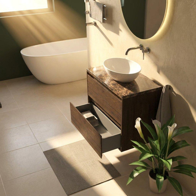 Saniclass Holz Pure Ensemble meuble de salle de bains - 80x45x63cm - Plan de travail en pierre naturelle Noche dark emperador - sans trou de robinet - 2 tiroirs - chêne charcoal mat (bois)