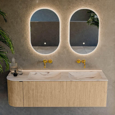 MONDIAZ KURVE-DLUX 145cm badmeubel ronding Links kleur Oak met 1 lade en 1 deur. Wastafel LEAF Dubbel / Rechts zonder kraangat Nata.