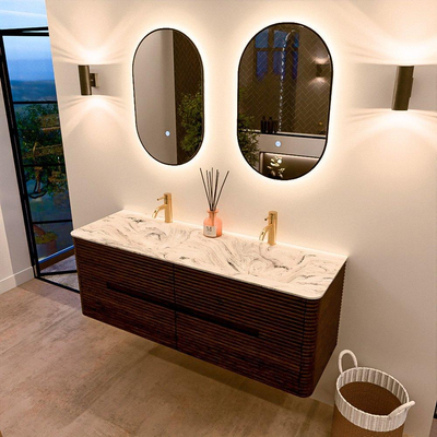 Mondiaz CIRO-DLUX Badkamermeubelset - 140x45x50cm - Solid surface wastafel Glace - 2 wasbak Dubbel - 2 kraangaten - 4 lades - Walnut