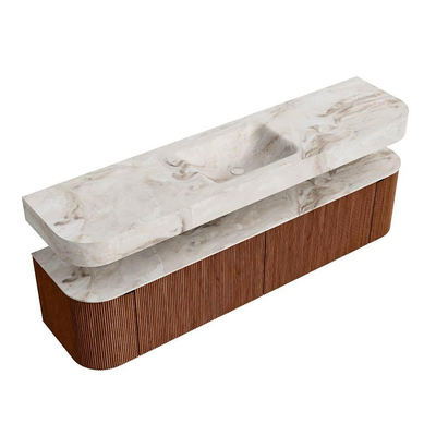 MONDIAZ THOR-DLUX 190cm meuble de salle de bains arrondi gauche + droite couleur Ruby avec 2 tiroirs et 2 portes. Vasque suspendue CLOUD Milieu 1 trou de robinet couleur Frappe.