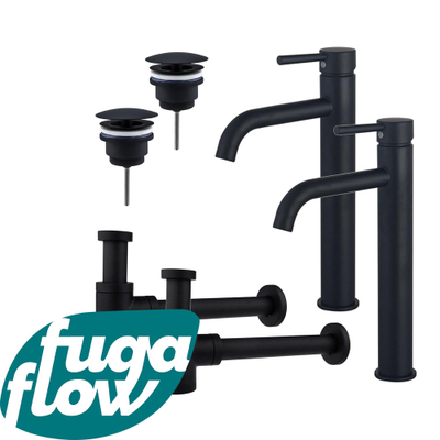 FugaFlow Eccelente Sobrado Badkamer Wastafelkraanset - voor dubbele wastafel - verhoogde wastafelkraan - always open plug - verlaagde design sifon - Mat zwart