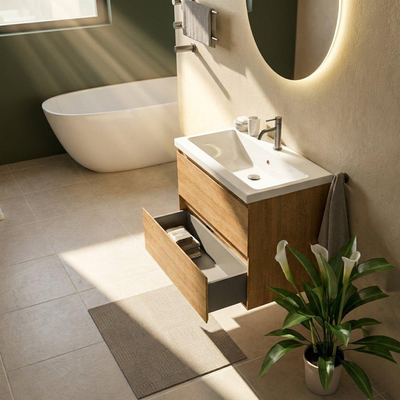 Saniclass Holz Pure Ensemble meuble de salle de bains - 80x45x63.5cm - Bari lavabo en céramique blanc - 1 vasque - 1 trou de robinet - 2 tiroirs - chêne natural mat (bois)