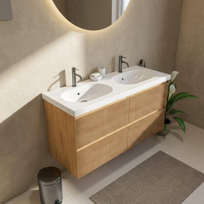Saniclass Holz Atelier Ensemble meuble de salle de bains - 120x45x63.5cm - lavabo Palermo en céramique blanc - 2 vasques - 2 trous de robinetterie - 2 tiroirs - chêne natural mat (bois)