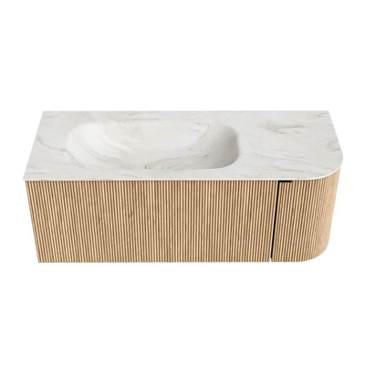 MONDIAZ KURVE-DLUX meuble de salle de bains 115 cm avec module 25 R couleur Oak avec 1 tiroir et 1 porte. Lavabo BIG SMALL gauche sans trou de robinet couleur Ostra.
