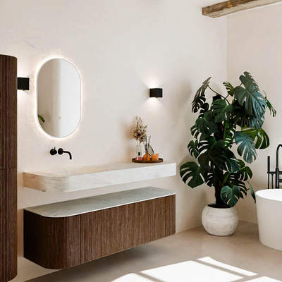 MONDIAZ THOR-DLUX 150cm meuble de salle de bains arrondi gauche + droite couleur Walnut avec 1 tiroir et 2 portes. Vasque suspendue CLOUD Gauche sans trou de robinet couleur Opalo.