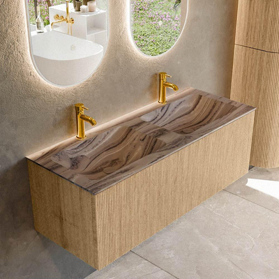 MONDIAZ KURVE-DLUX Meuble de salle de bains 120 cm couleur Oak avec 1 tiroir et 0 porte. Lavabo LEAF Double 2 trous de robinet Sombra.