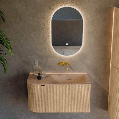 MONDIAZ KURVE-DLUX Meuble de salle de bains 85cm arrondi gauche couleur Oak avec 1 tiroir et 1 porte. Lavabo CLOUD à droite sans trou de robinet Arena.