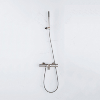 FugaFlow Eccelente Sobrado Robinet de baignoire thermostatique avec douchette stick, support et flexible en métal Inox brossé PVD