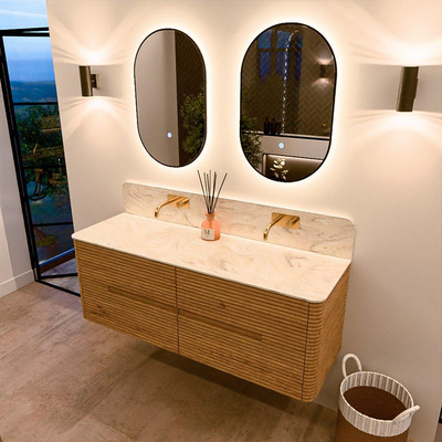 Mondiaz CIRO-DLUX Ensemble de meuble de salle de bains - 140x45x50cm - Plan-vasque solid surface Ostra - 2 vasques double - sans trous de robinet - 4 tiroirs - Chêne