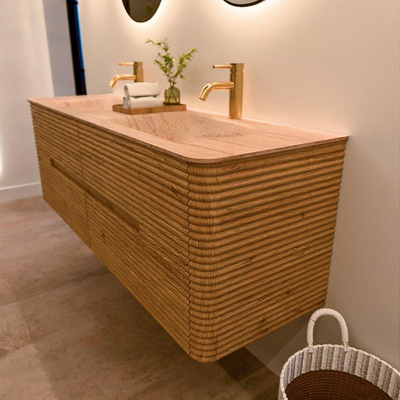 Mondiaz CIRO-DLUX Ensemble de meubles de salle de bains - 150x45x50cm - Plan vasque Solid Surface Saba - 2 vasques Double - 2 trous de robinetterie - 4 tiroirs - Chêne