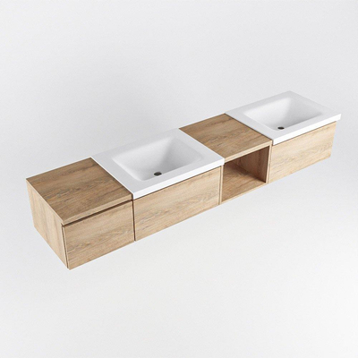MONDIAZ BUKLA 200cm badmeubel met open module 40 rechts kleur Washed Oak met 3 lades. Wastafel CLOUD dubbel 0 kraangaten kleur Talc.