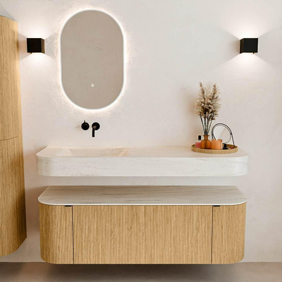 MONDIAZ THOR-DLUX 140cm meuble de salle de bains arrondi gauche + droite couleur Chêne avec 1 tiroir et 2 portes. Vasque suspendue CLOUD Gauche sans trou de robinet couleur Meli.