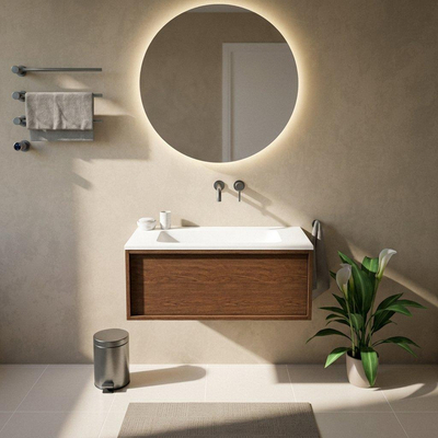 Saniclass Holz Frame Ensemble meuble de salle de bains - 100x45x57.5cm - Lavabo Torino en solid surface blanc - sans trou de robinetterie - 1 tiroir - noyer pure mat (bois)