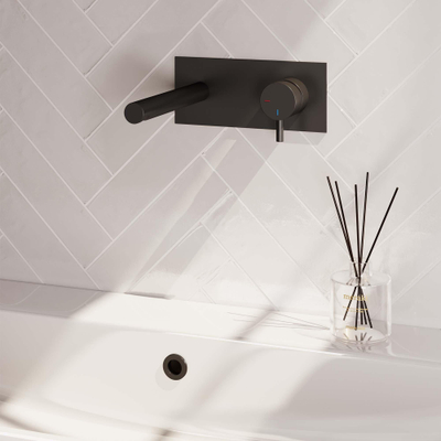 BRAUER Black Edition Wastafelmengkraan inbouw - rechte uitloop links - hendel kort smal - inclusief inbouwdeel - afdekplaat - model B 1 - mat zwart