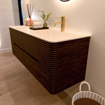 Mondiaz CIRO-DLUX Badkamermeubelset - 140x45x50cm - Solid surface wastafel Meli - 1 wasbak Rechts - 1 kraangat - 4 lades - Walnut