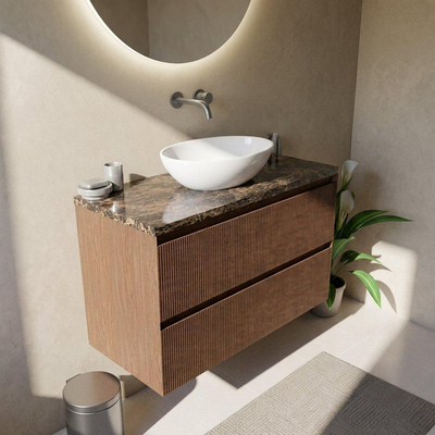 Saniclass Holz Atelier Ensemble de meubles de salle de bains - 100x45x63cm - plan de travail en pierre naturelle Noche Dark Emperador - sans trou de robinet - 2 tiroirs - noyer pur mat (bois)