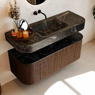 MONDIAZ THOR-DLUX 120cm meuble de salle de bains arrondi gauche + droite couleur Walnut avec 1 tiroir et 2 portes. Vasque suspendue CLOUD centrale sans trou de robinet couleur Lava.