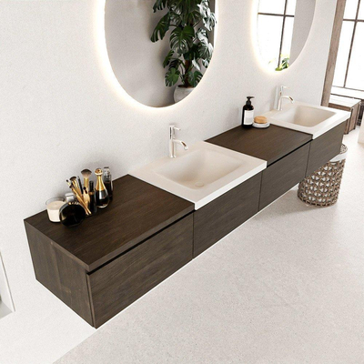 Mondiaz BUKLA badkamermeubelset 240x45x34cm 2 kraangaten 2 wasbakken solid surface Talc greeploos 4 lades met softclose Melamine Dark brown