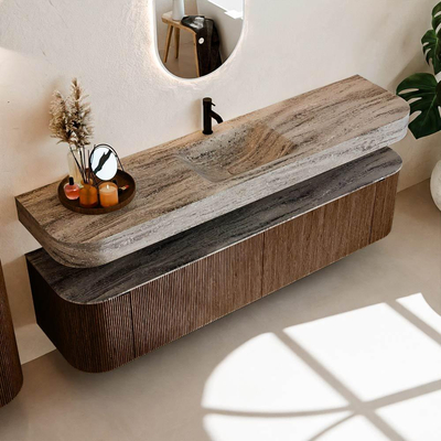 MONDIAZ THOR-DLUX Meuble de salle de bains 190cm arrondi gauche + droite couleur Walnut avec 2 tiroirs et 2 portes. Vasque suspendue CLOUD Milieu 1 trou de robinet couleur Oza.