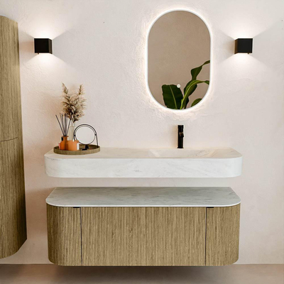 MONDIAZ THOR-DLUX 130cm meuble de salle de bains arrondi gauche + droite couleur Dusk avec 1 tiroir et 2 portes. Vasque suspendue CLOUD Droite 1 trou de robinet couleur Opalo.